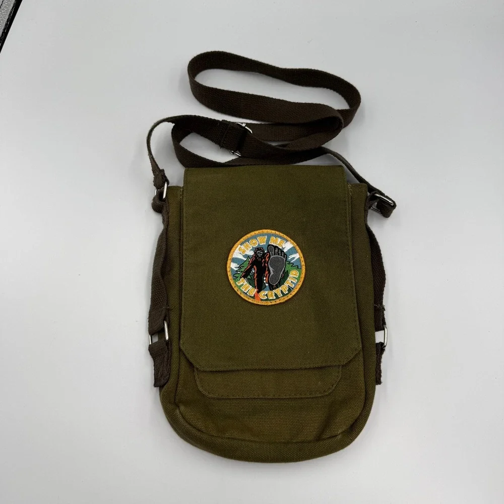 Show Me The Cryptid Bigfoot Canvas Crossbody Bag Olive Green Messenger Utility